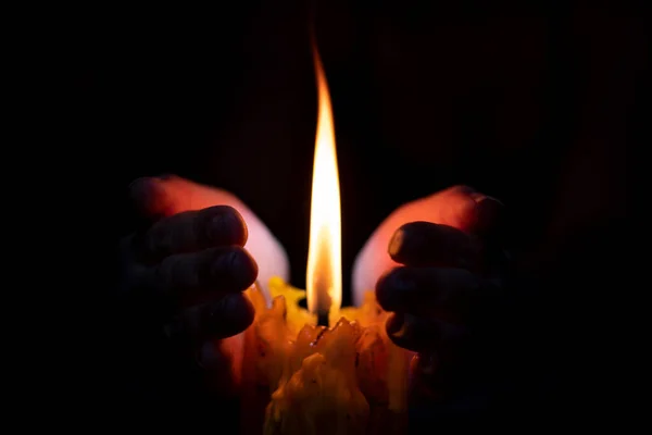 Close Hand Protecting Candle Light Wind Darkness Black Background — Stock Photo, Image