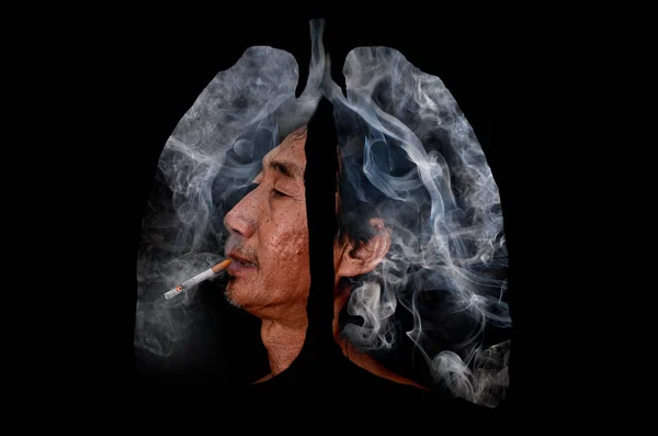 Illustration of the old man and toxic smoke and flame fire formation shaped as the human lung, The concept of cigarette smoker lungs on black background