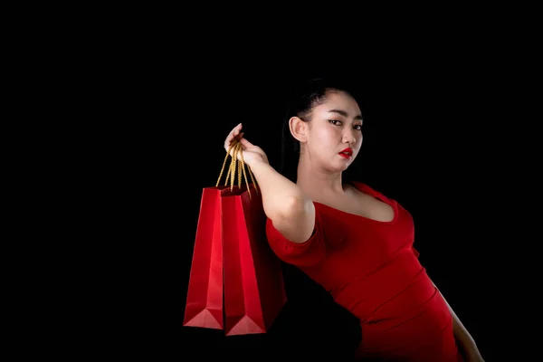 Portrait Une Belle Jeune Femme Asiatique Portant Une Robe Rouge — Photo