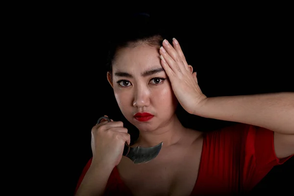 Portrait Belle Femme Asiatique Portant Une Robe Rad Une Main — Photo