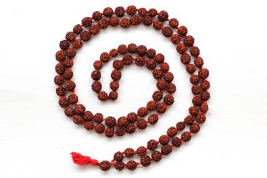 Japon malası. Rudraksha ağacının tohumlarından yapılan dua boncukları. yakın plan