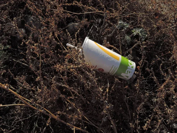 McDonald 's Cup' ta çimlerin üzerinde plastik bir tüp var. Kirlilik ve fast food 'a zarar verme kavramı. Rusya, Saratov - Kasım 2019 — Stok fotoğraf