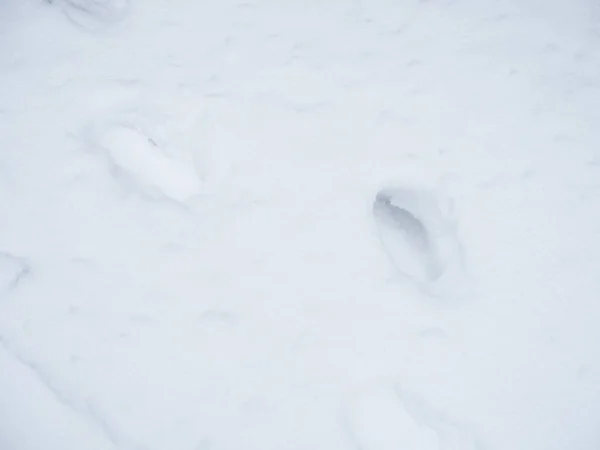 Emberi lábnyomok a mély hóban a napsütéses napon — Stock Fotó