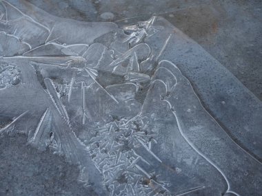 Caddedeki su birikintisindeki donmuş suyun yakın görüntüsü. Dikkat, yüzey çok kaygan. Doğal arkaplan