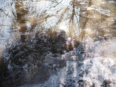 Baharda su birikintileri. Güneş ışınları ve parlaklığı su birikintilerine yansıyor. Kar ve buz eriyor.