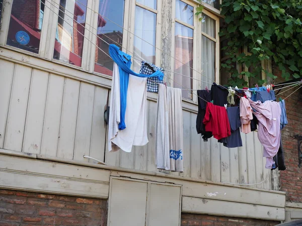 Drying Washed Laundry Clothes Streets Courtyard Stairs Staircase Georgia Tbilisi — Stock Photo, Image