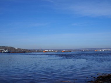 Kargo gemileri Saratov yakınlarındaki Volga Nehri 'ndeki yol kenarında duruyor..
