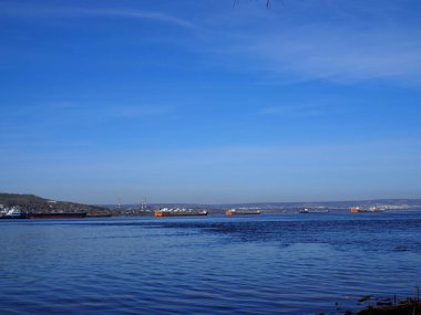 Kargo gemileri Saratov yakınlarındaki Volga Nehri 'ndeki yol kenarında duruyor..