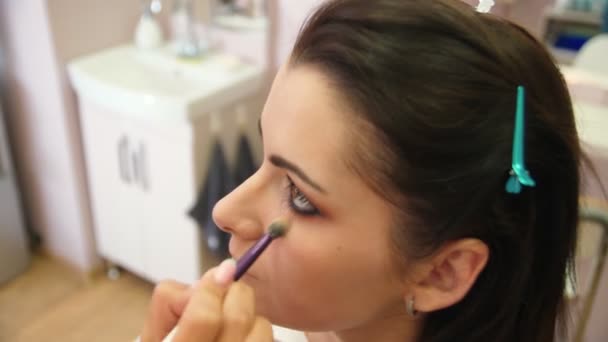 Artista de maquiagem profissional com uma escova aplica blush no rosto de uma mulher de olhos castanhos. Maquiagem artista fazendo maquiagem para a menina, close-up . — Vídeo de Stock