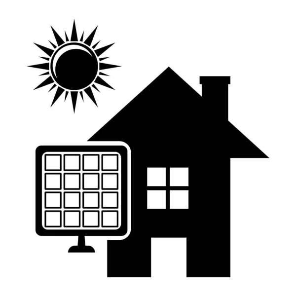 Zonnepaneel huis en zon in zwarte stijl — Stockvector