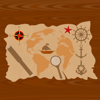 Tahta tahtaların arka planında gemi haritası büyüteç ve dürbün