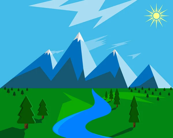 Étang Montagnes Arbres Avec Nuages Soleil — Image vectorielle
