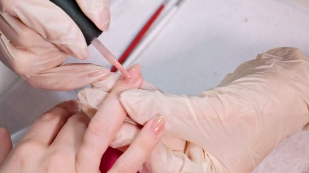 Manicura maestro aplicar esmalte de uñas de color rosa a los clientes uñas en un salón de belleza. Alineación de color en las uñas de los clientes. De cerca. . — Vídeos de Stock