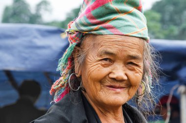 Tam Duong, Kuzey Vietnam - 18 Ekim 2012: Tam Duong 'un geleneksel pazarında Kızıl Hmong dağ kabilesinden bir kadının portresi. 