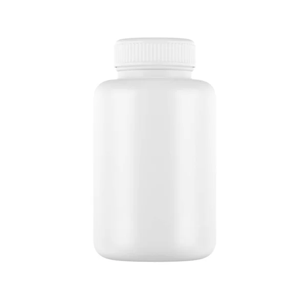 Beyaz arka planda izole edilmiş beyaz plastik ilaç kutusu. Kapsüller, ilaçlar, takviye, bitkiler, jel kapaklar. 3d illüstrasyon.