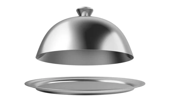 Stainless steel restaurant cloche isolated on white. Cover dome with plate.