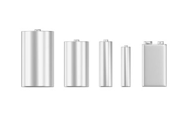 Bataryalar beyaz arka planda izole edilmiş. Farklı boyutlarda ve şekillerde. 3d illüstrasyon.