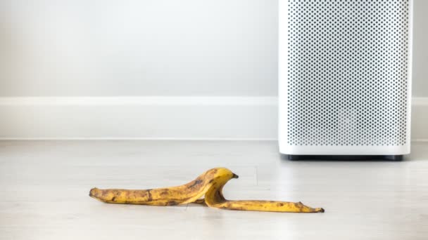 Lapso de tempo de evolução da casca de banana transformar de amarelo para preto na sala de estar, em casa, com purificador de ar no fundo — Vídeo de Stock