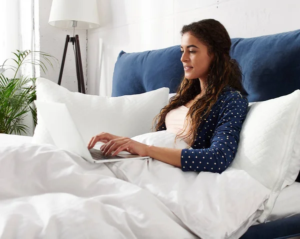 Happy Casual Beautiful Woman Working Laptop Sitting Bed House Stock Photo