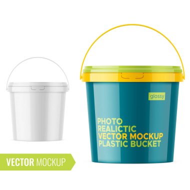 Beyaz parlak plastik kova mockup şablonu.
