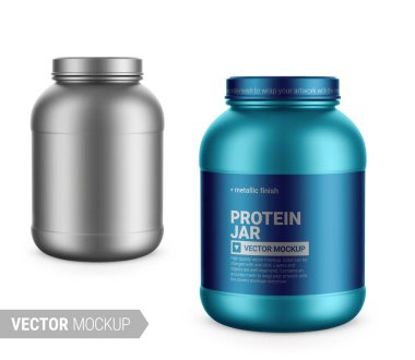 Protein, kütle kazancı, toz ve haplar için kapağı ve etiketi olan beyaz metalik plastik bir kavanoz. Örnek tasarımlı fotoğraf gerçekçi paketleme şablonu. Vektör 3d illüstrasyon.