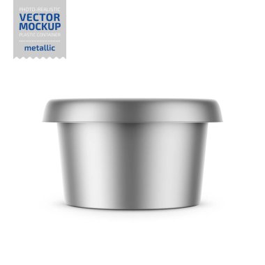 Süt ürünleri için gri yuvarlak metal plastik konteynır - yayılmış, yumuşak peynir, krem. Fotogerçekçi ambalaj şablonu. Vektör 3d illüstrasyon.