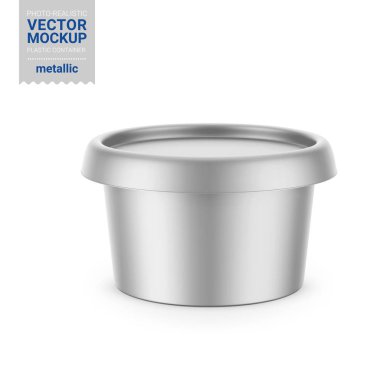Süt ürünleri için gri yuvarlak metal plastik konteynır - yayılmış, yumuşak peynir, krem. Fotogerçekçi ambalaj şablonu. Vektör 3d illüstrasyon.