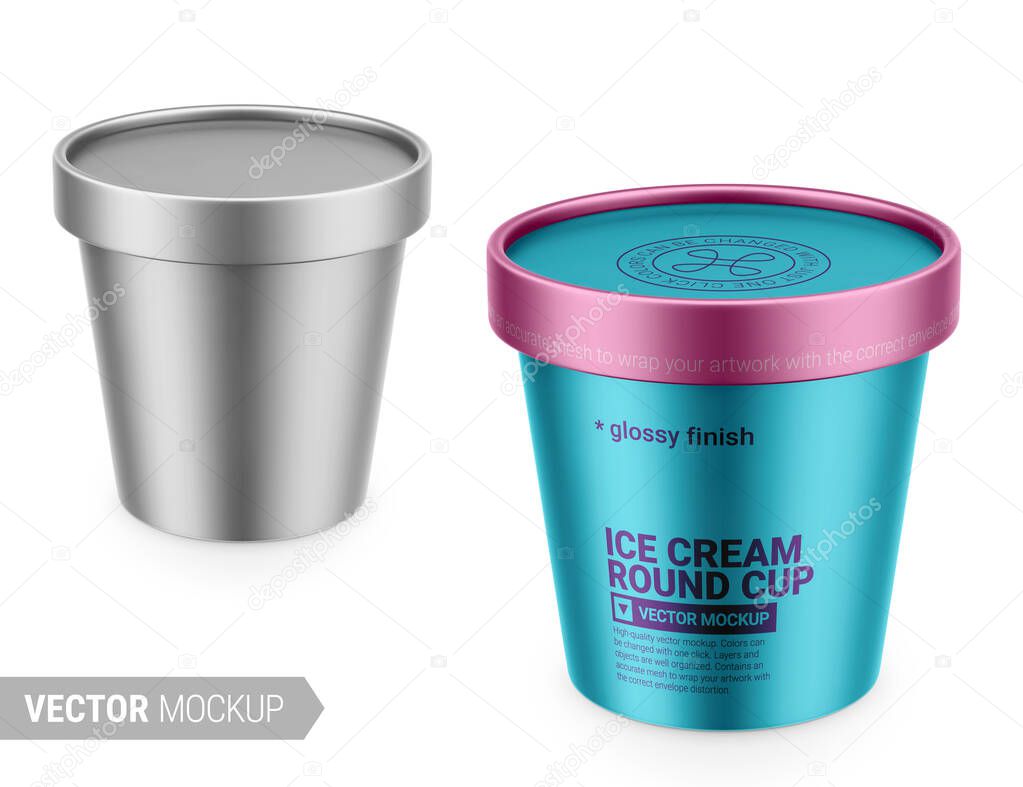 Download White Round Metallic Ice Cream Cup Photo Realistic Packaging Mockup Template With Sample Design High Angle View Vector 3d Illustration Premium Vector In Adobe Illustrator Ai Ai Format Encapsulated Postscript Eps PSD Mockup Templates