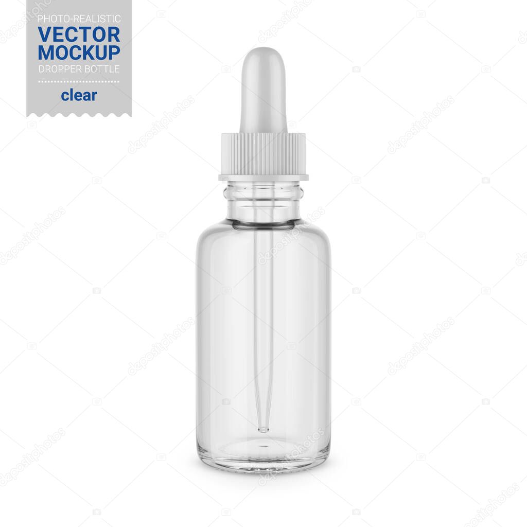 Clear glass dropper bottle. Editable glass and liquid colors. Contains accurate mesh to wrap your design with envelope distortion. Photo-realistic packaging mockup template. Vector illustration.