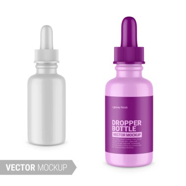 Glossy white dropper bottle. Contains accurate mesh to wrap your design with envelope distortion. Photo-realistic packaging mockup template. Vector illustration. clipart