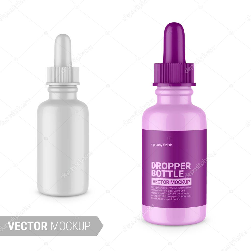 Glossy white dropper bottle. Contains accurate mesh to wrap your design with envelope distortion. Photo-realistic packaging mockup template. Vector illustration.