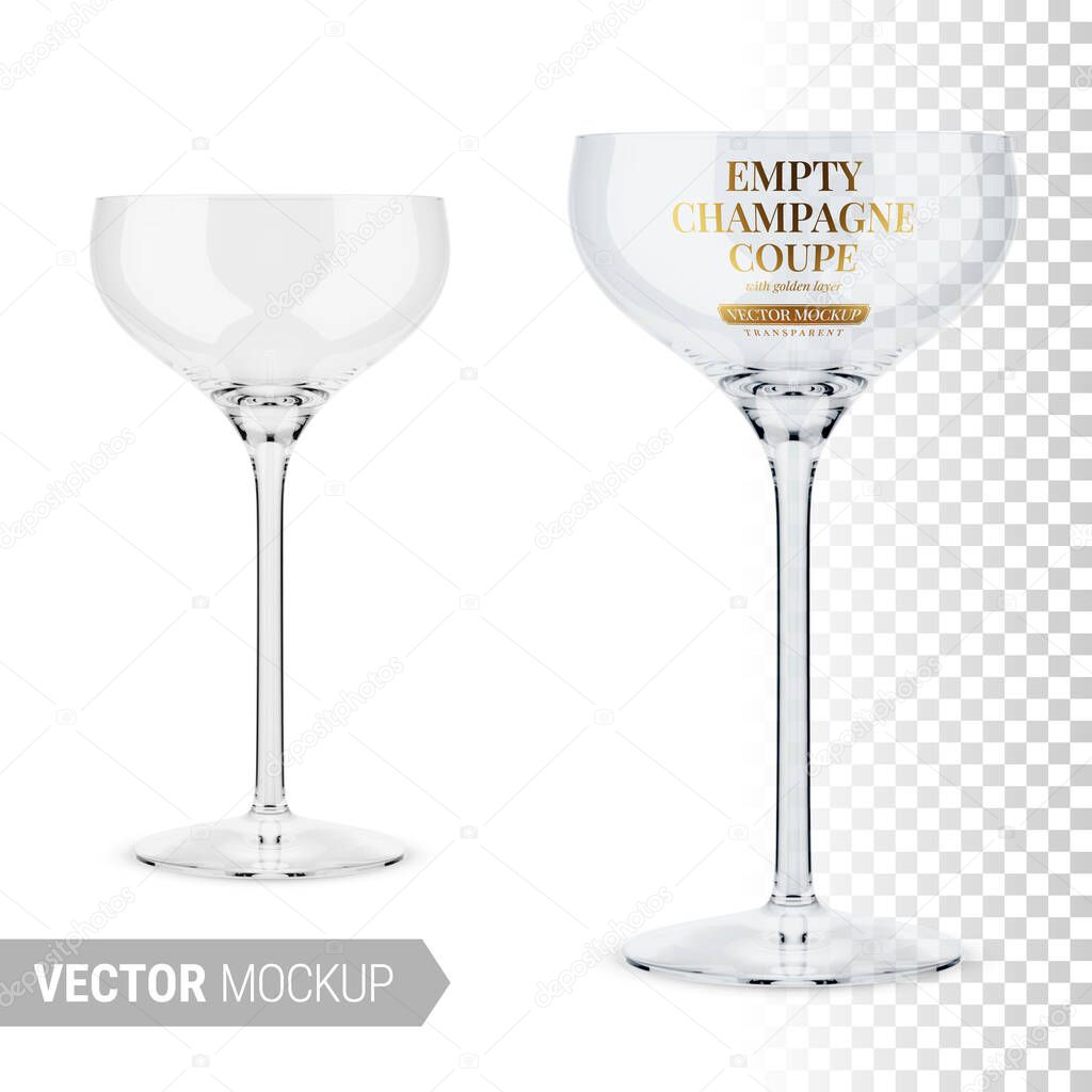 Empty clear champagne coupe. Editable glass color. Contains gold layer and accurate mesh to wrap your design with envelope distortion. Photo-realistic packaging mockup template with sample design.