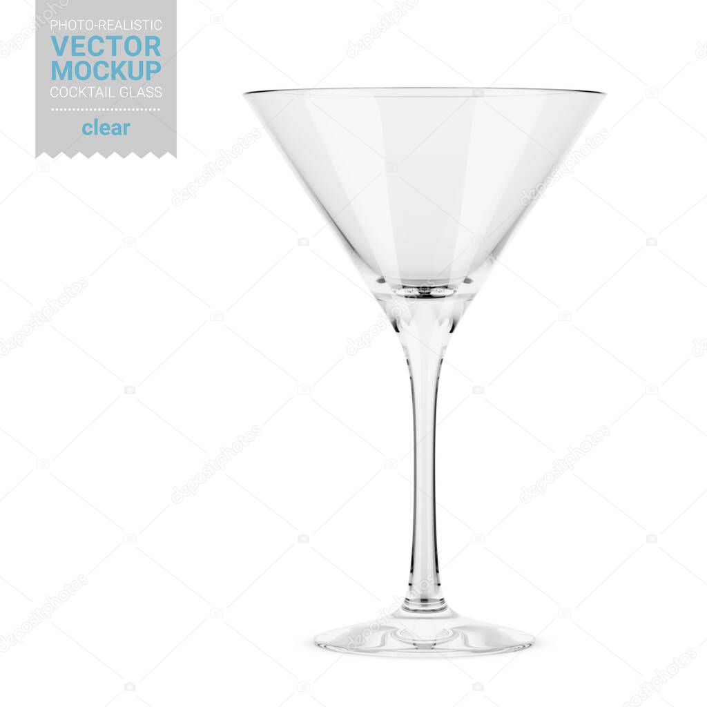 Empty clear cocktail glass. Editable glass color. Contains gold layer and accurate mesh to wrap your design with envelope distortion. Photo-realistic packaging mockup template.