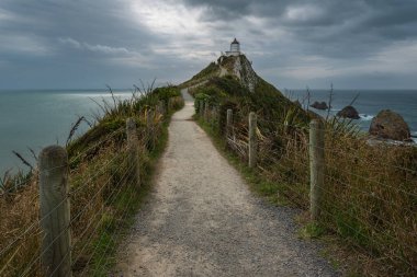 Nugget Point deniz feneri, Ahuriri dairesi, Yeni Zelanda - 10 Ocak 2020: Bulanık ve bulutlu bir öğleden sonra Nugget Point deniz feneri