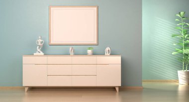 Model boş çerçeve posteri modern iç pastel renklerle güneş ışığı yansıtma mobilyaları ve dekorasyonu ile, 3d biçimlendiriliyor