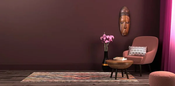 Mock up work space in interior design, ethnic style with natural light. Dark colours and decorations. Illustration 3D
