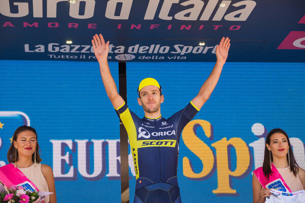 Piancavallo, Italy May 26, 2017: Adam Yates, Orica Team, on the podium after a hard montain stage of Tour of Italy 2017 with arrival uphill at Piancavallo.