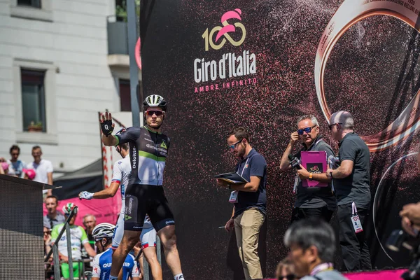 Pordenone Italy May 2017 Professional Cyclists Podium Signatures Departure Hard — Stock Photo, Image