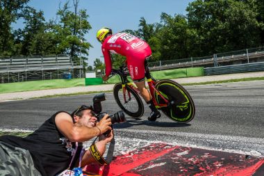 Monza, Italy May 28, 2017: Professional cyclist, Wilier Triestina TEAM, during the last time trial stage of the Tour of Italy 2017, with a lap of the Formula 1 circuit of Monza and arrival in Milan. clipart