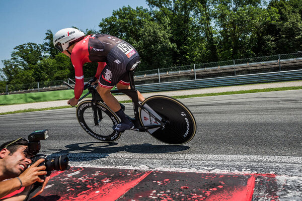 Monza, Italy May 28, 2017: Professional cyclist, Trek TEAM, during the last time trial stage of the Tour of Italy 2017, with a lap of the Formula 1 circuit of Monza and arrival in Milan.