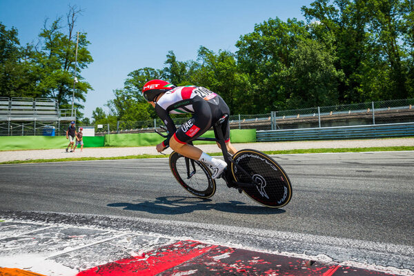 Monza, Italy May 28, 2017: Professional cyclist, UAE TEAM, during the last time trial stage of the Tour of Italy 2017, with a lap of the Formula 1 circuit of Monza and arrival in Milan.