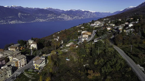 Coastal Aerial Panorama Lake Garda Autumn Close San Zeno Montagna — Stock Photo, Image