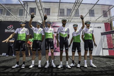 Treviso, İtalya 31 Mayıs 2019: Sahne başlamadan önce podyum imzasına ilişkin tüm takım verileri.