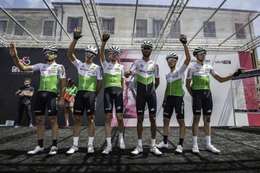 Treviso, İtalya 31 Mayıs 2019: Sahne başlamadan önce podyum imzasına ilişkin tüm takım verileri.