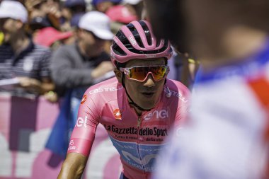 Treviso, İtalya 31 Mayıs 2019: Richard Carapaz, Pembe Jersey 'de, Giro D' Italia 2019 'un 19. etabının başlamasından hemen önce.