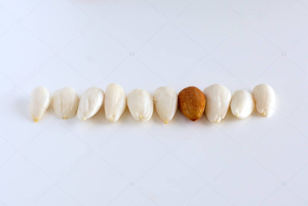 row, line of peeled young almonds on a white background, isolate, nut antioxidant