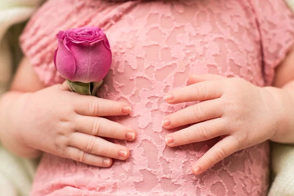 Feliz Dia das Mães. mãos do bebê recém-nascido com rosa rosa flor — Fotografia de Stock