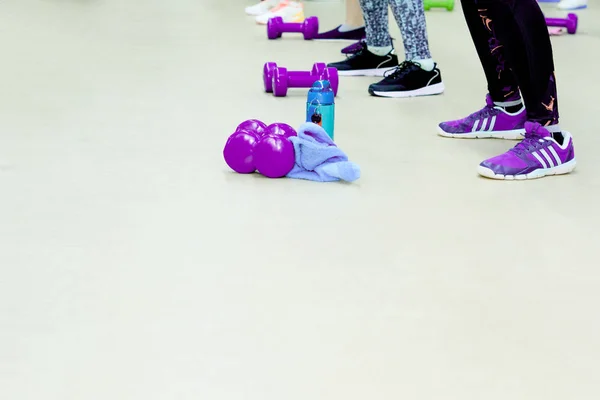 Fitness grupa treningowa dziewcząt z hantlami liliowymi na siłowni — Zdjęcie stockowe