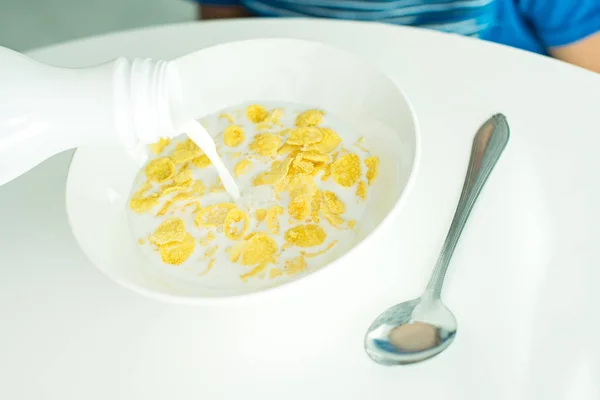 Cereal with milk in a white plate for breakfast, space for text, isolate — Stock Photo, Image