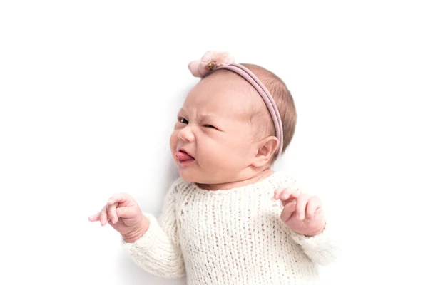 Emociones Del Bebé Recién Nacido Fondo Blanco Cara Graciosa Niño — Foto de Stock